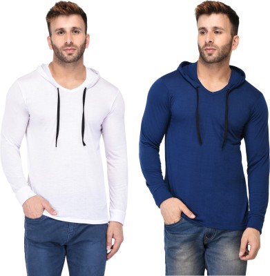 Adorbs Solid Men Hooded Neck Dark Blue, White T-Shirt