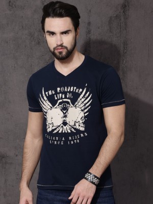 Roadster Printed Men Round Neck Dark Blue T-Shirt