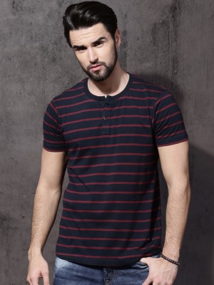 Roadster Striped Men Henley Neck Dark Blue T-Shirt