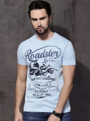 Roadster Printed Men Round Neck Blue T-Shirt