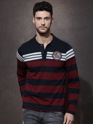 Roadster Striped Men Polo Neck Dark Blue T-Shirt