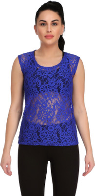 Selfcare Casual No Sleeve Lace Women Blue Top