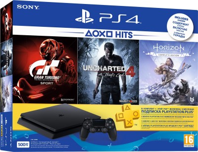 Sony PlayStation 4 (PS4) Slim 500 GB with Uncharted 4, Horizon Zero Dawn (Complete Edition) and Gran Turismo Sport  (Jet Black)