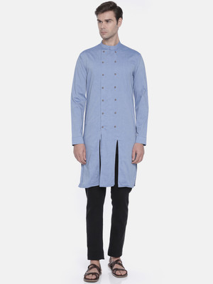 The Indian Garage Co.  - Freehand Men Solid Asymmetric Kurta(Blue)