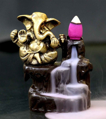 Craftam Handmade Golden Ganesha Idol Smoke Backflow Cone Incense Holder with 10 Cone Incenses Decorative Showpiece  -  12 cm(Polyresin, Gold)