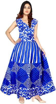 Trendy Fab Women Printed Flared Kurta(White, Blue)