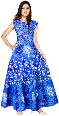 Trendy Fab Women Printed Flared Kurta(Blue)
