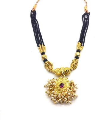 Digital Dress Room Women's Maharashtrian Traditional Thushi Mangalsutra Jewellery 12-inch Length Gold Plated pink stone Pendant with Black Moti Beads 6 Line Layer adjustable Kolhapuri Necklace for girls Alloy Mangalsutra