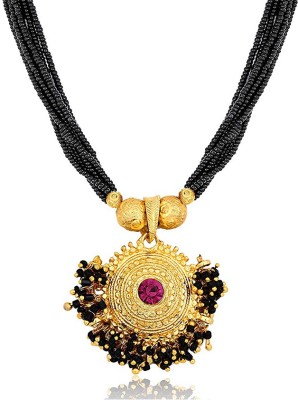Digital Dress Room Women's Maharashtrian Traditional Thushi Mangalsutra Jewellery 12-inch Length Gold Plated pink stone Pendant with Black Moti Beads 8 Line Layer adjustable Kolhapuri Necklace form girls Alloy Mangalsutra