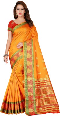 Kuki Self Design, Striped Paithani Cotton Silk Saree(Yellow)