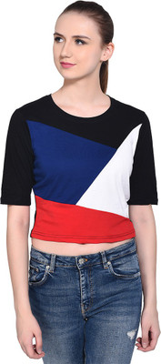 Money Leaf Self Design Women Round Neck Dark Blue, Red, White, Black T-Shirt