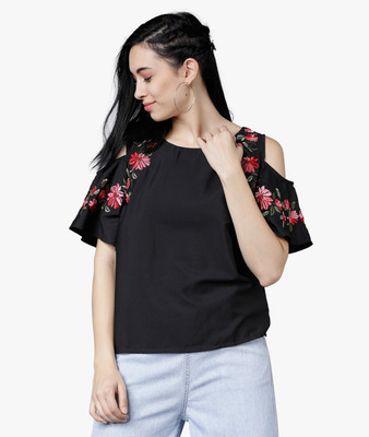 Tokyo Talkies Casual Cold Shoulder Embroidered Women Black Top