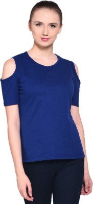 Money Leaf Self Design Women Round Neck Dark Blue T-Shirt