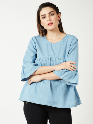 THE STYLE IVY Casual Bell Sleeve Washed Women Light Blue Top