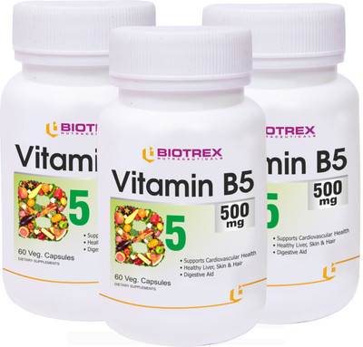 BIOTREX NUTRACEUTICALS Vitamin B5 500mg - 60 Veg Capsule, Pack Of 3(3 x 20 No)