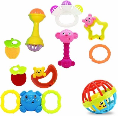 prisma collection 8PC Colourful Plastic Non Toxic Teether and Rattle for New Borns and Infants Free Baby Rattle(Multicolor)