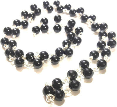 numeroastro Natural & Original Black Agate | Hakik Mala In White Metal (54+1 Beads) (6 MM Approx) (1 Pc) Agate Metal, Crystal Chain