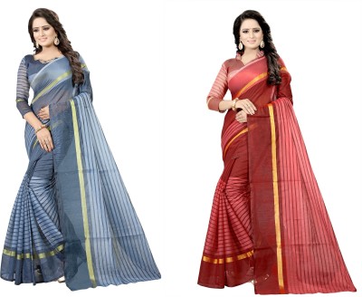 Suali Striped, Checkered Daily Wear Cotton Silk Saree(Pack of 2, Brown, Grey)