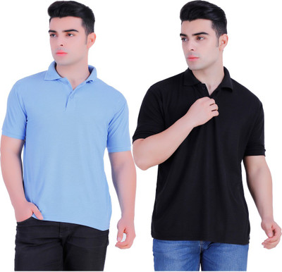 stars collection Solid Men Polo Neck Light Blue, Black T-Shirt