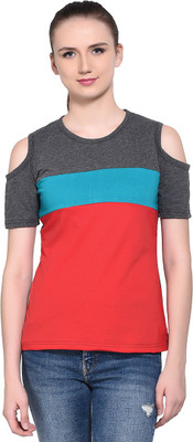 BEYOU FASHION Colorblock Women Round Neck Red, Grey, Light Green T-Shirt
