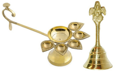 Shriram Traders Panch Aarti & Pooja Hand Bell Combine Set/ Brass Pooja Accessories By Shriram Traders Brass Table Diya(Height: 2.5 inch)