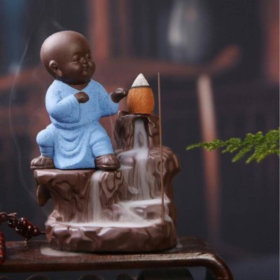 Kunti Craft Meditating Monk Buddha Smoke Backflow Cone Incense Holder Decorative Showpiece  -  12 cm(Polyresin, Brown, Blue)