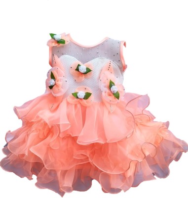 socho samjo Girls Midi/Knee Length Party Dress(Pink, Sleeveless)