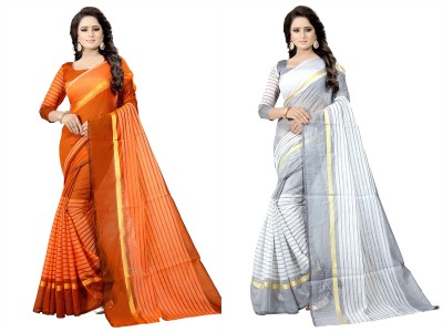 Samai Striped Daily Wear Cotton Silk Saree(Pack of 2, White, Orange)