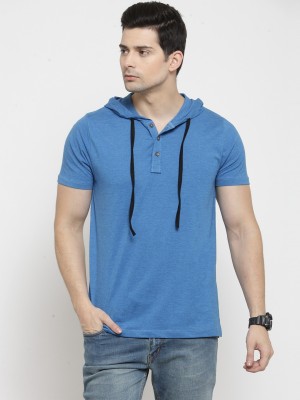 KALT Solid Men Hooded Neck Light Blue T-Shirt