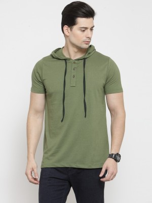 KALT Self Design Men Hooded Neck Green T-Shirt