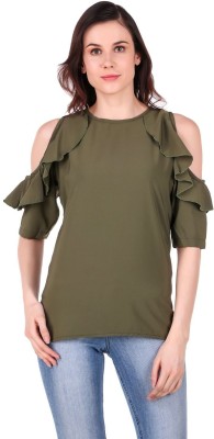 Mia Fashion Casual Cold Shoulder Solid Women Dark Green Top