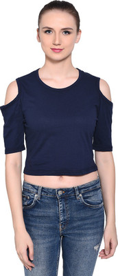Money Leaf Self Design Women Round Neck Dark Blue T-Shirt