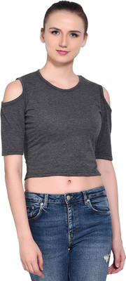BEYOU FASHION Self Design Women Round Neck Grey T-Shirt