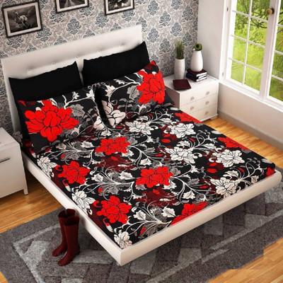 ISH&ANSH 140 TC Polycotton King Printed Flat Bedsheet(Pack of 1, Black Red white)