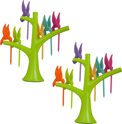 JMALL 2-Piece Stand and 12-Pieces Bird Fruit Fork Set with Tree Stand - FK01A Disposable Plastic Fruit Fork Set(Pack of 2)