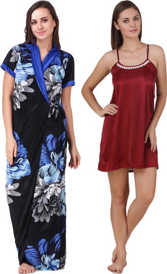 YUALIN CREATION Women Nighty with Robe(Maroon)