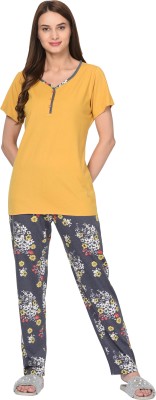 Kaily Women Printed, Solid Yellow Top & Pyjama Set