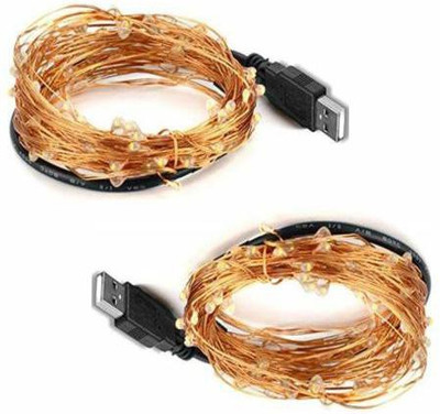 SANCTUM Copper String USB 50 LEDs 5 m Gold, Yellow Steady Water Drop Rice Lights(Pack of 2)