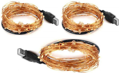 SANCTUM Copper String USB 50 LEDs 5 m Gold, Yellow Steady Water Drop Rice Lights(Pack of 3)