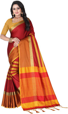 Fancy Fab Striped Dharmavaram Cotton Silk Saree(Red)