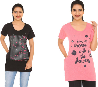 IN Love Printed Women Round Neck Black, Pink T-Shirt