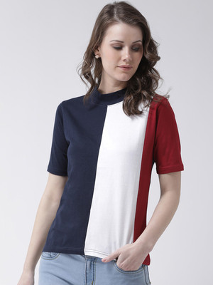 THE DRY STATE Striped Women High Neck White, Blue, Maroon T-Shirt