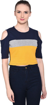 Money Leaf Self Design Women Round Neck Dark Blue, Grey, Yellow T-Shirt