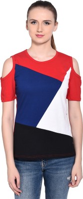 BEYOU FASHION Colorblock Women Round Neck Dark Blue, Red, White, Black T-Shirt