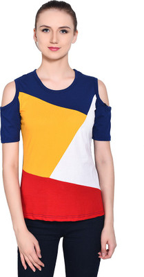 Money Leaf Self Design Women Round Neck Dark Blue, Red, White, Yellow T-Shirt