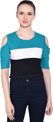 Trendfull Casual Cold Shoulder Color Block Women White, Blue, Black Top