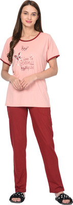 Kaily Women Printed Pink, Red Top & Pyjama Set