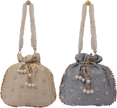 KUBER INDUSTRIES Silk 2 Pieces Women Potli Bag (Gold & Grey) -CTKTC7267 Potli(Pack of 2)