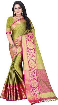 Fancy Fab Embellished Dharmavaram Jacquard, Art Silk Saree(Green)