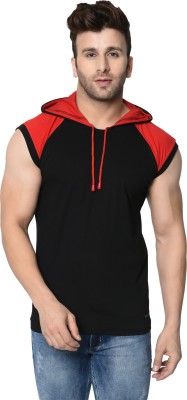 Panda Bear Colorblock Men Hooded Neck Red, Black T-Shirt